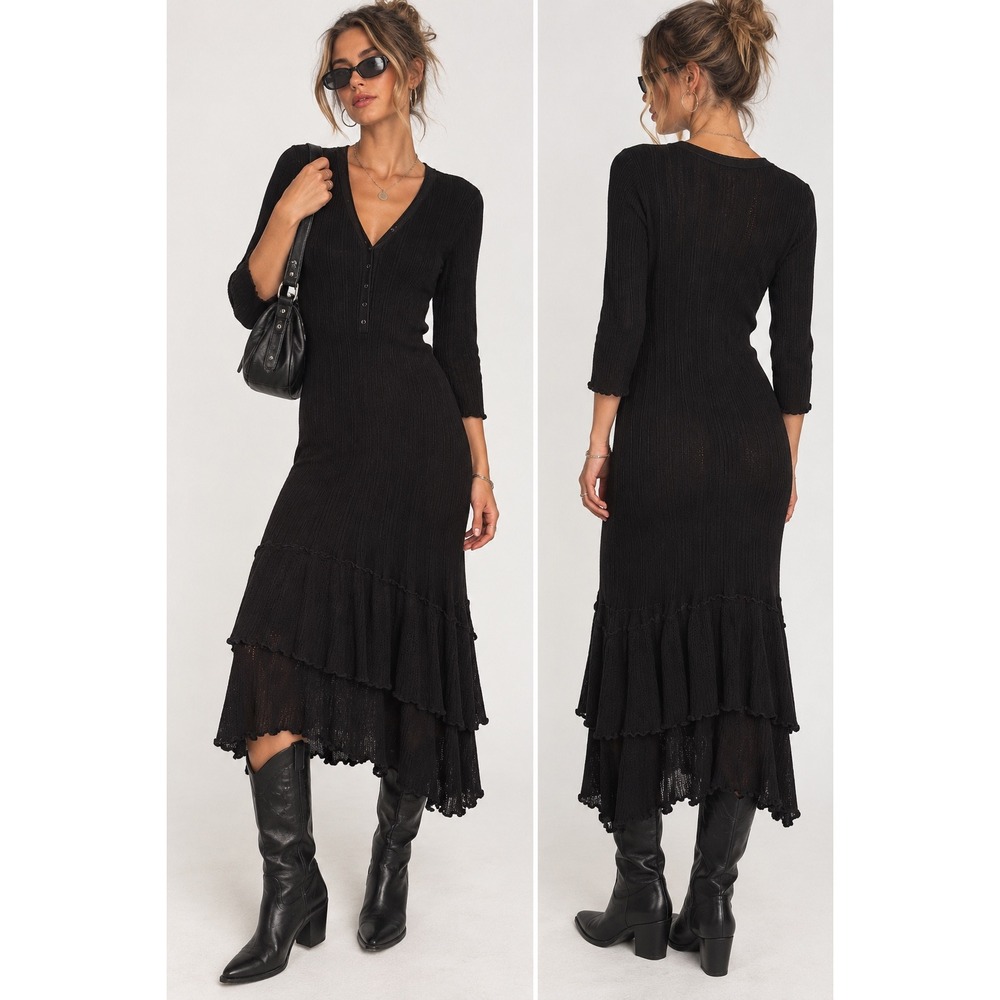 Lauren Ralph Lauren Black Ribbed Knit Tiered Ruffle Henley Midi Dress XL Cotton